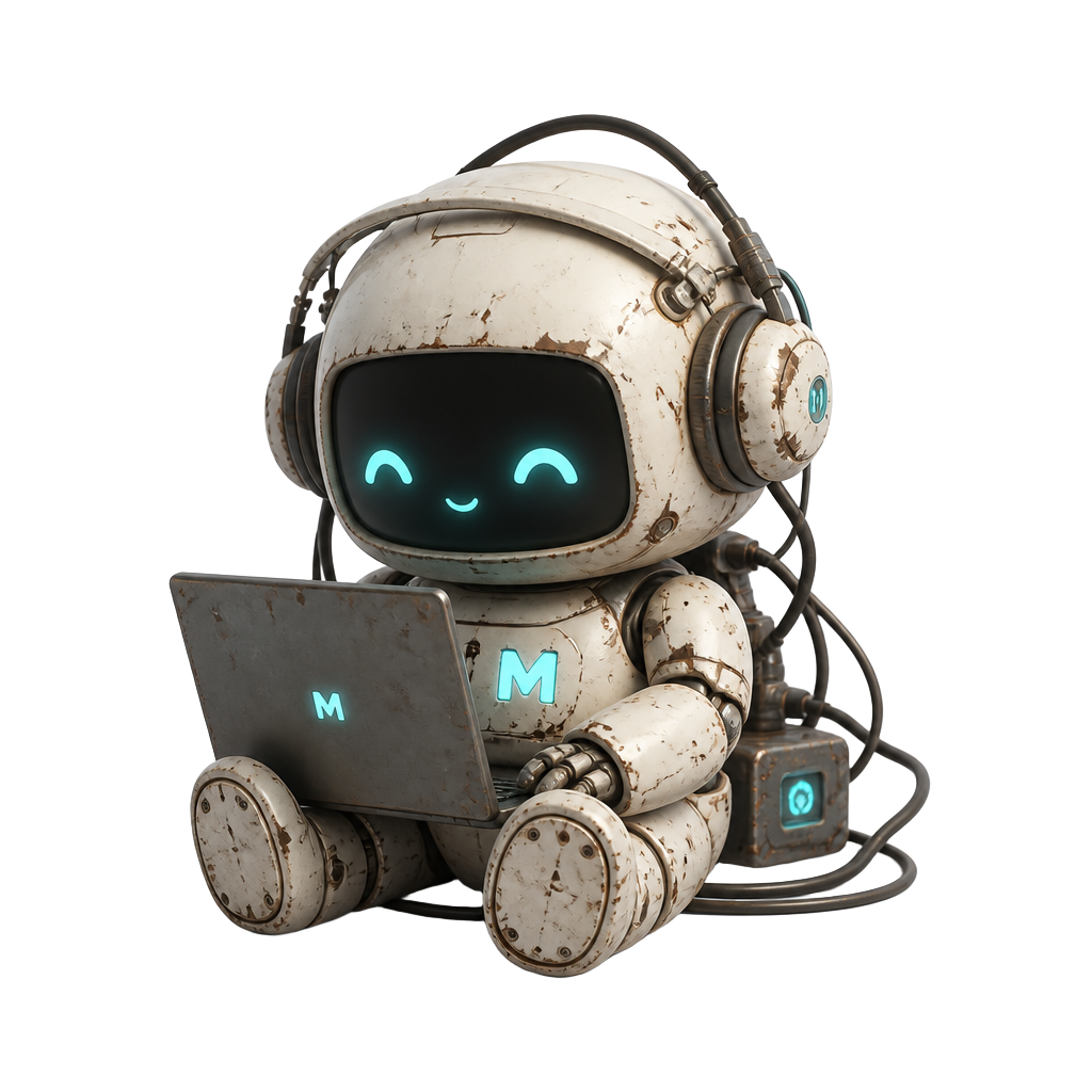Messy the MessyDev robot mascot working on a laptop